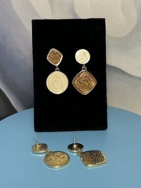 Alina Ellison Enamel Sheen Geo Dangle Earrings Cream Brown Gold Gift Packaged